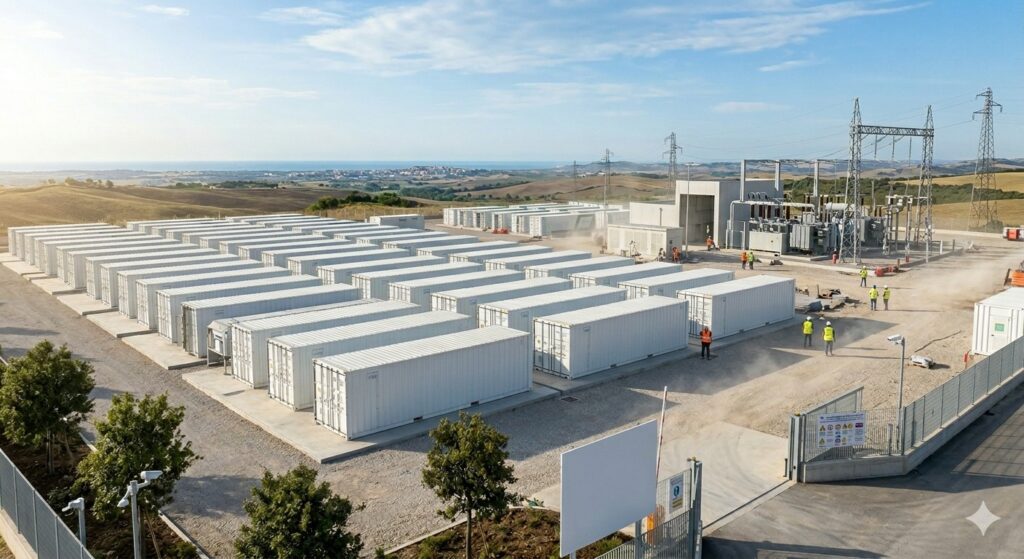 Analisi Energetica Italia 2026: grande impianto di accumulo BESS per la stabilità della rete elettrica.