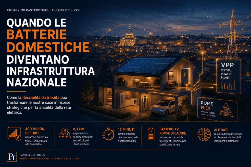 Casa moderna con pannelli solari connessi a una rete energetica nazionale, in stile notte, icone VPP e testo promozionale in primo piano.